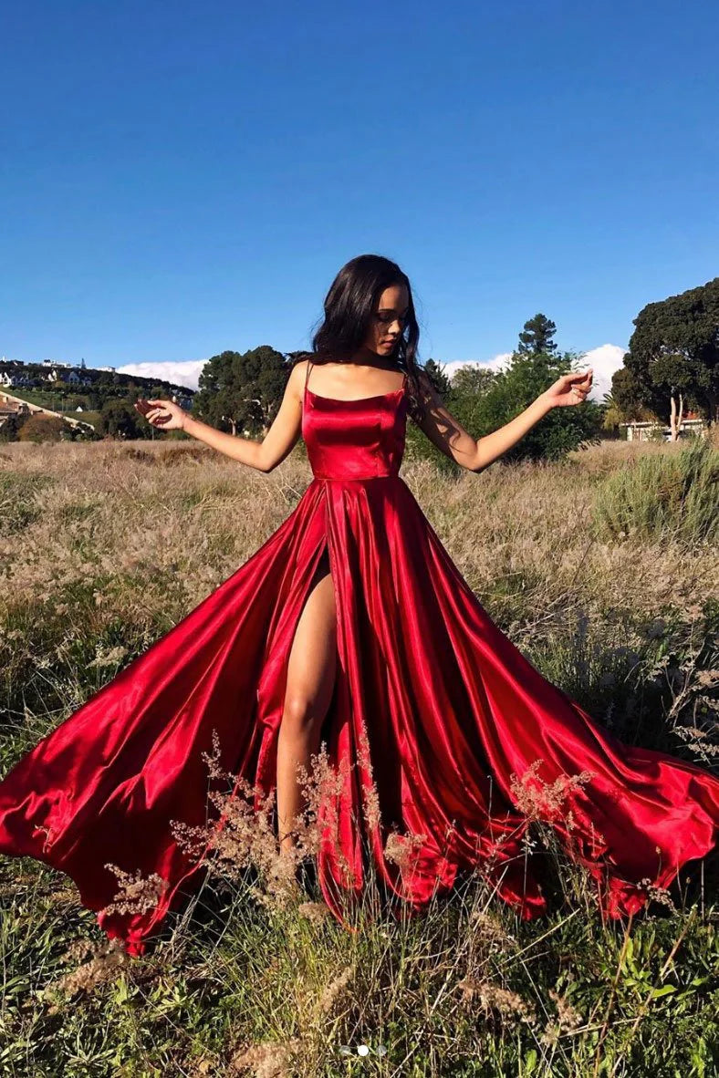 Luolandi A Line Spaghetti Straps Red Prom Dress Charming Evening Party Dress With Slit